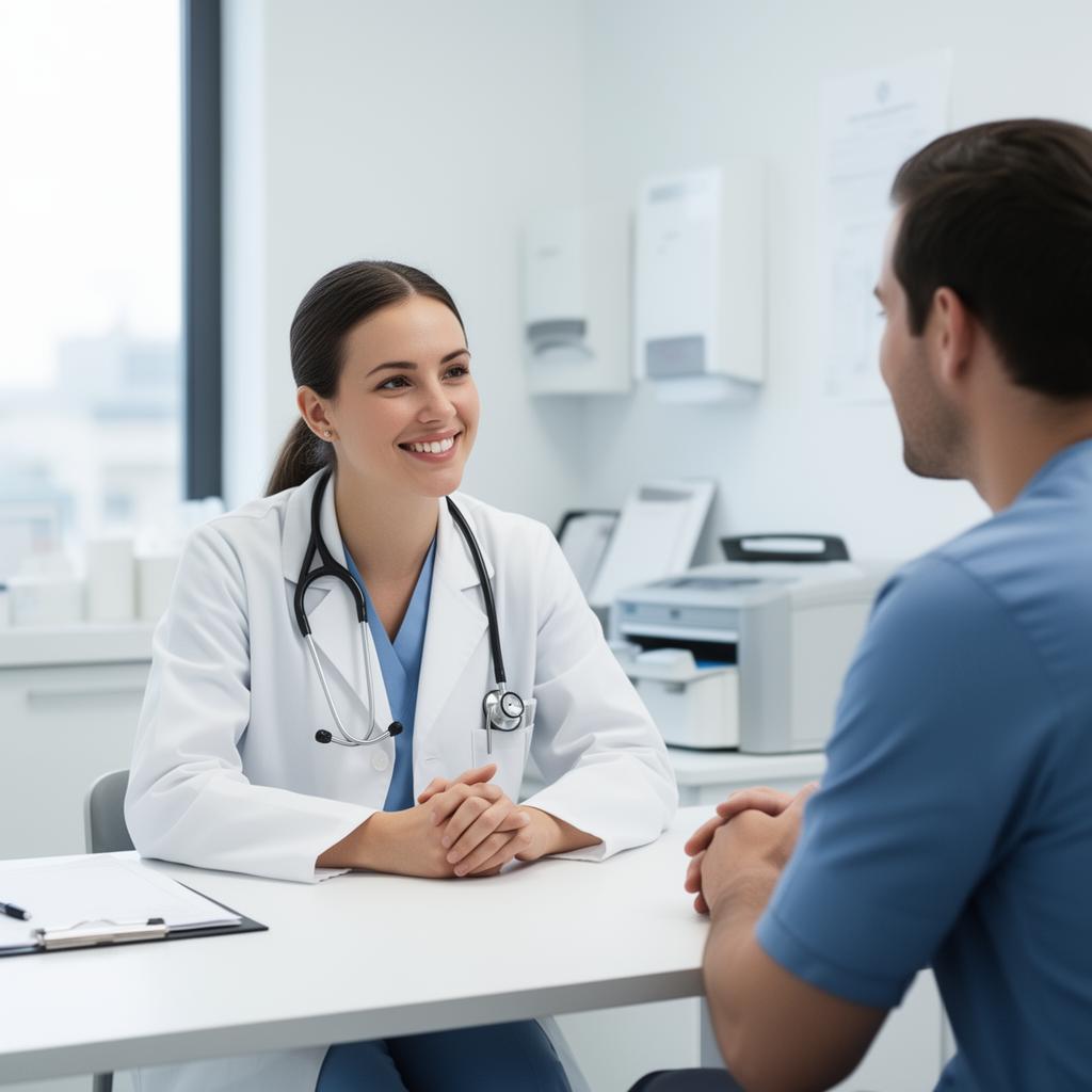 Médica atendendo paciente em clínica moderna